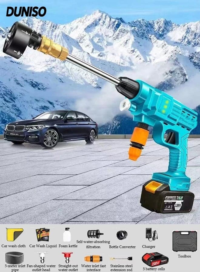 High Pressure Washer, Powerful Car Floor Washing Pump, Portable Cordless Electric High Pressure Washer with 5-meter Hose and Mechanical Storage Box, for Cleaning Bikes, Motorcycles, Cars, Floors, Driveways and Gardens