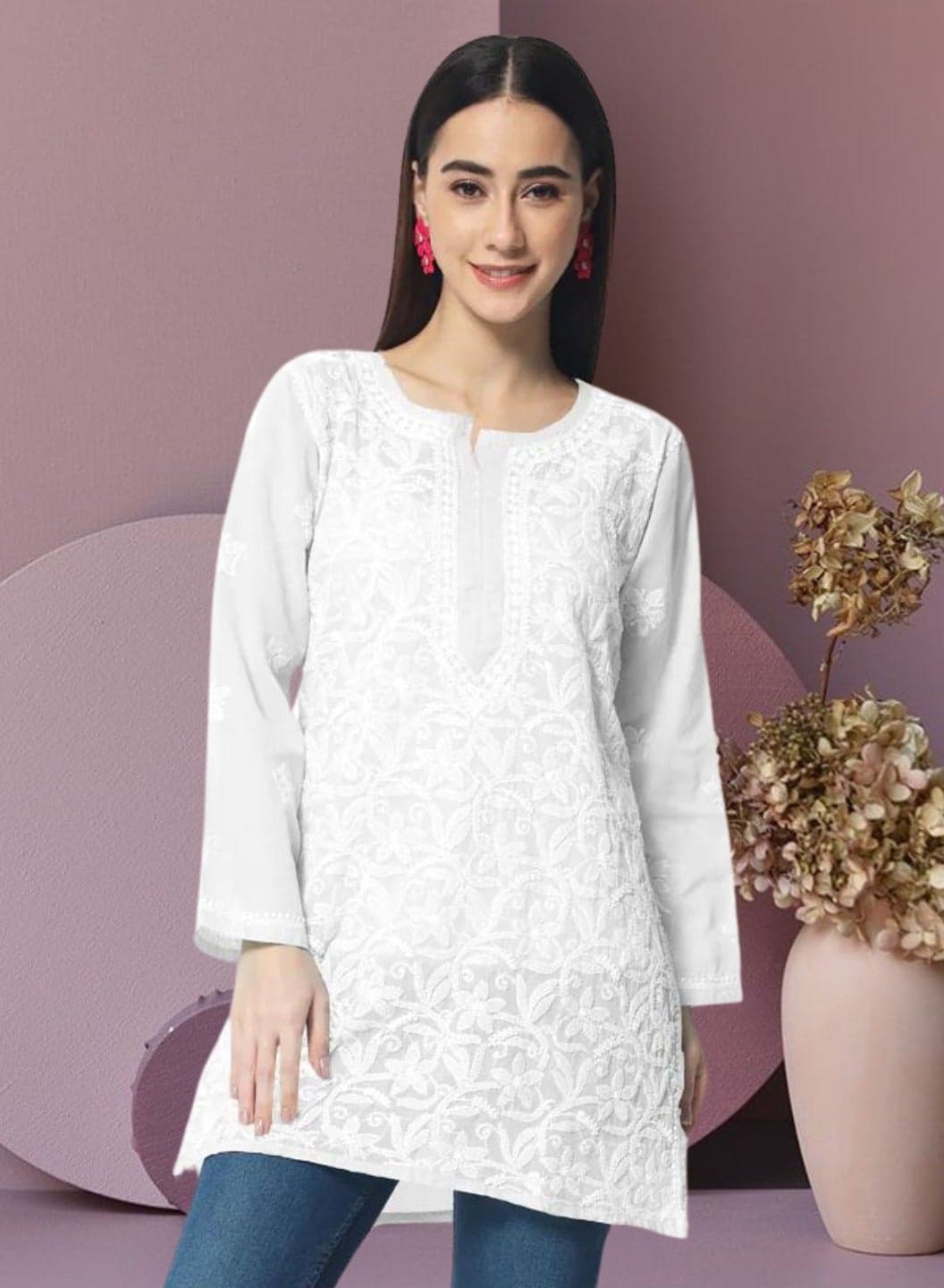 Hand Embroidered Chikankari Cotton Straight Tunic-AL3591