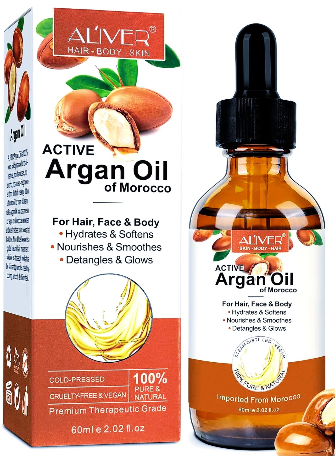 Argan Oil for Hair Growth 100% Pure Cold Pressed Organic Carrier Oil for Skin Care Nails & Cuticles Nourish the Scalp Dry Skin Relief Improve Blood Circulation 60ml