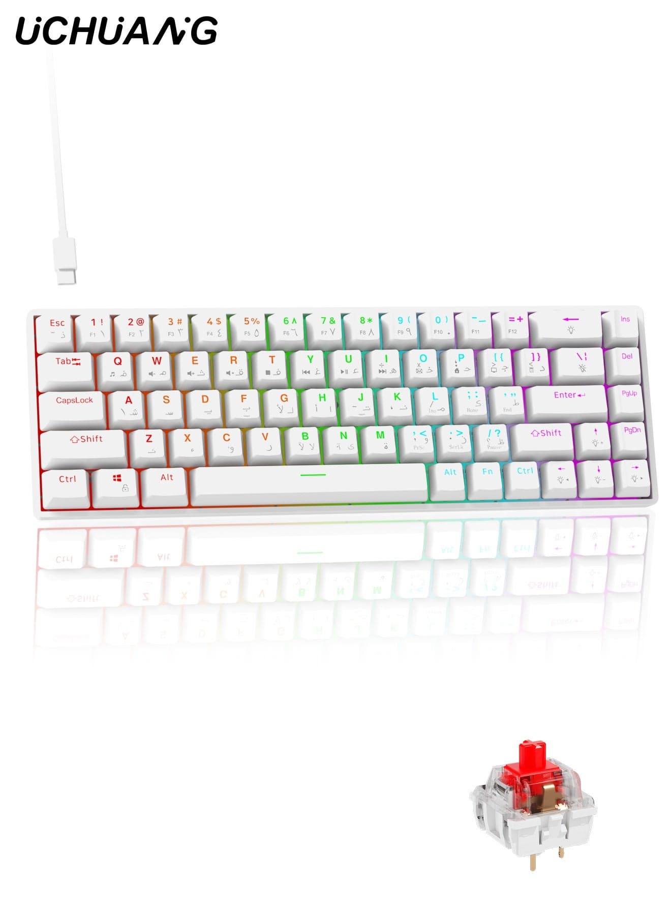 68-Key English Arabic Mechanical Keyboard, Red Switch Hybrid Light Compact Mini Wired Keyboard for PC, Mac E-sports Portable Gaming Keyboard - White
