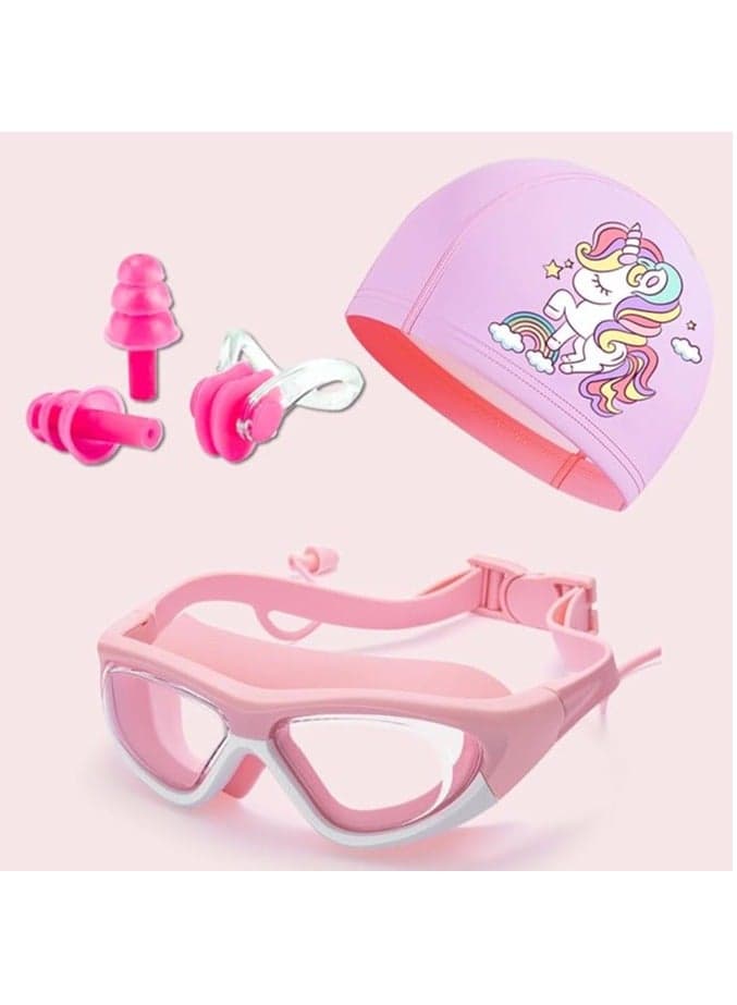 Kids Swim Goggles with Swimming Cap for Boys Girls Age 3-14 HD Swimming Goggle No Leaking and UV Protection with Nose Cover Connect Ear Plugs