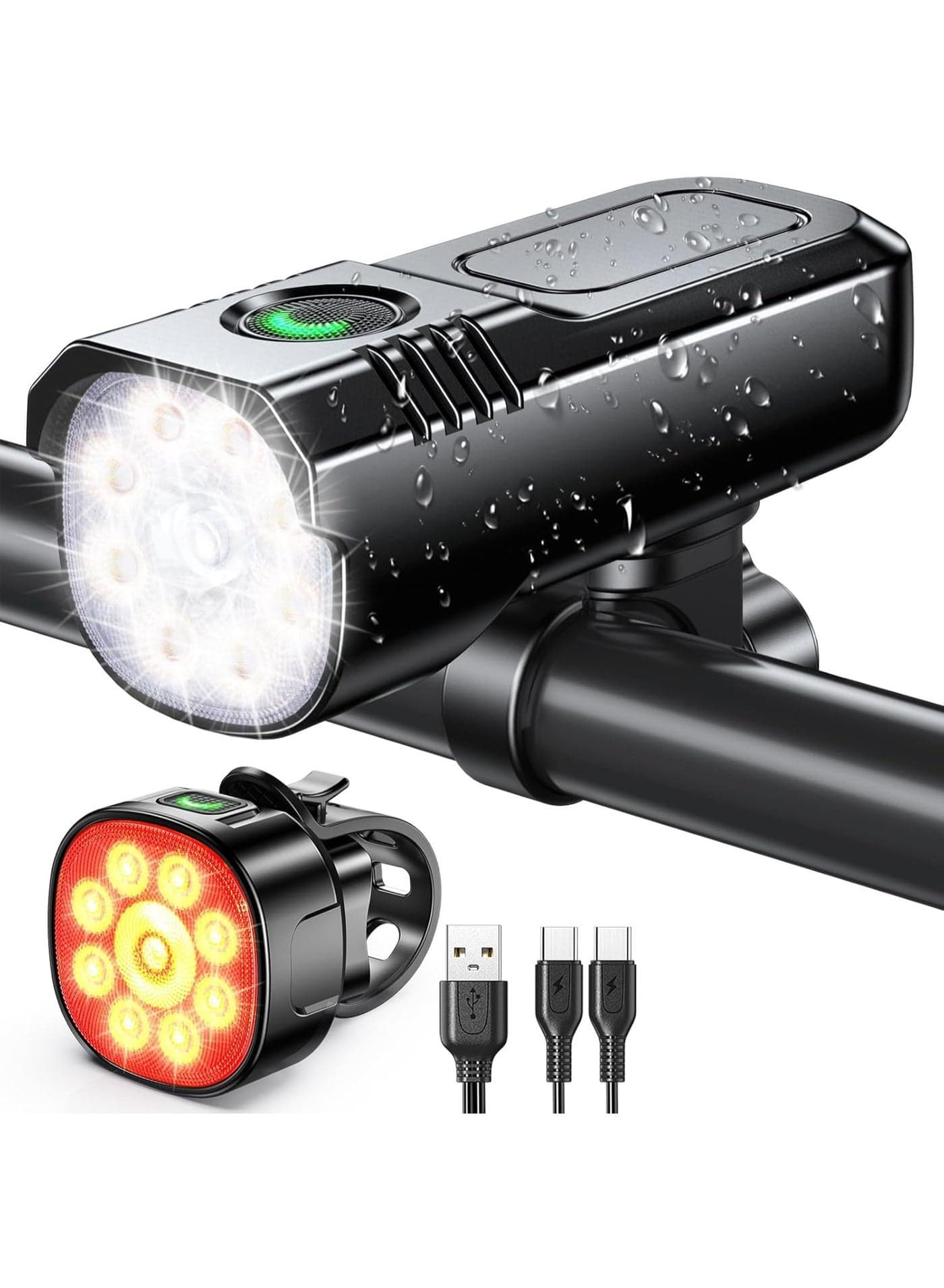 Bike Lights Front and Back, Super Bright Bicycle Lights USB Rechargeable, 8+7 Lighting Modes, Fast Charging, IP65 Waterproof Bike Light Set for Night Riding/Camping/Mountain