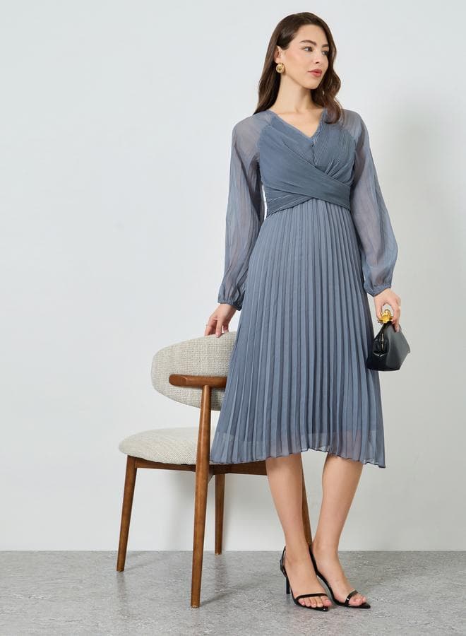 Grey Pleated Balloon Sleeve Wrap Midi Dress