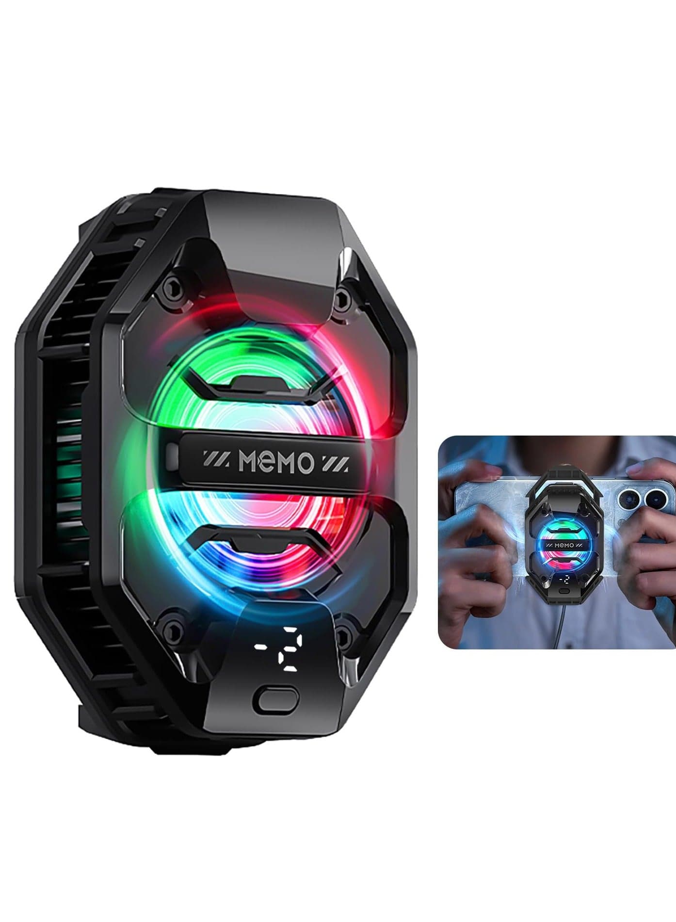 Gaming phone cooler, 27W iPhone cooling fan, with RGB LED semiconductor cooler, suitable for iPhone/Android mobile gaming, live streaming, and AI smartphone temperature control.