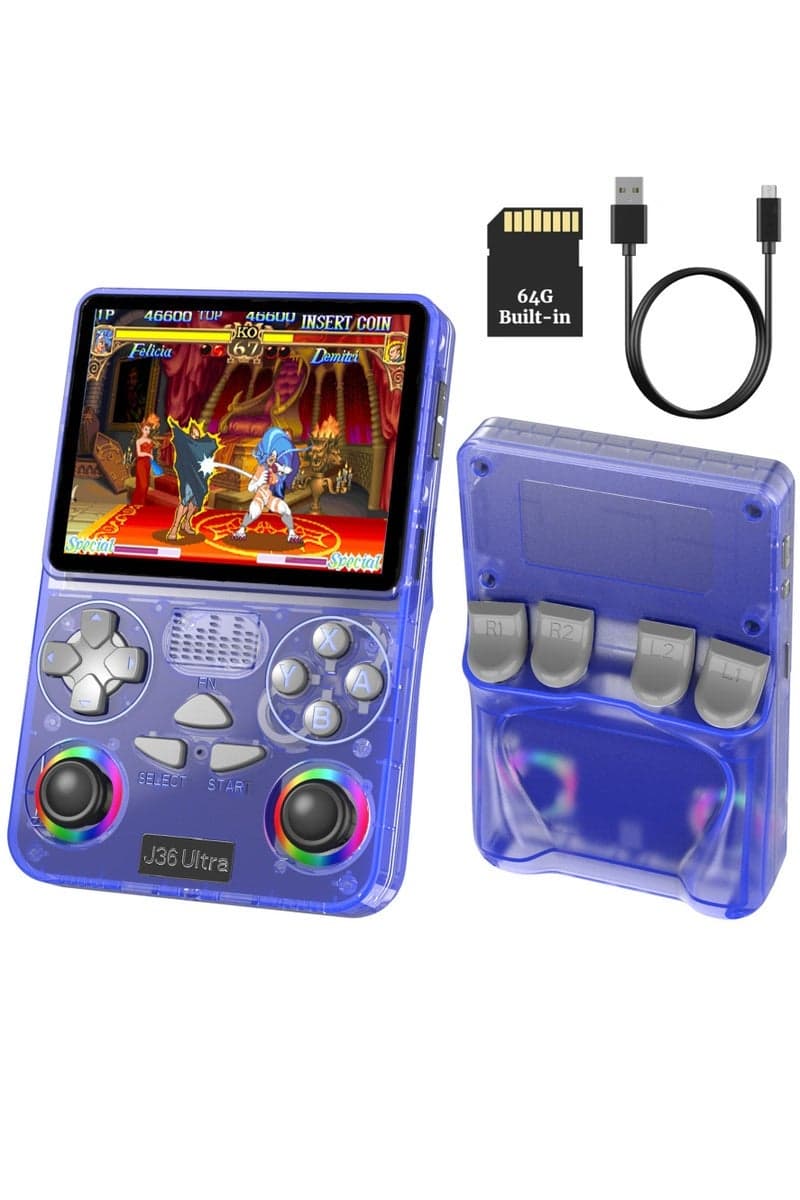 J36 Ultra Game Console 3.5 Inch Portable Retro Game Console Built-in 20000+ Games With 64GB Memory Card Video Games Console 20+ Supported Simulator Platform 3000mAh Battery IPS Screen Toys And Games For Kids And Adults Transparent Purple