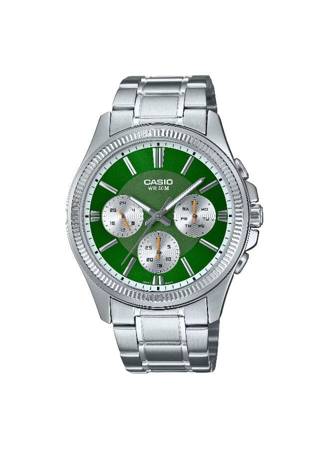 Mens Green Dial Silver Band Watch MTP-1375D-3AVDF