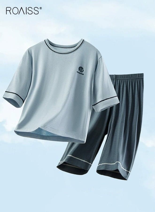 Boys 2PCS Summer Pajamas Set, Modal Nightwear Set with Short Sleeve Top and Elastic Waist Pants, Skin-friendly Breathable Sleepwear Set for Boys, Comfortable Lightweight Jammies, Perfect for Sleeping or Lounging Around Your House