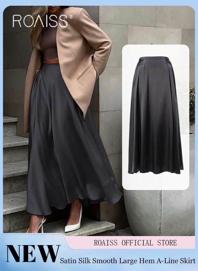 Satin High Waist Skirt for Women Soft and Comfy Loose Draped Large Hem A-Line Skirt Ladies Elegant High-Waisted Long Skirt for Ladies Elegant Temperament Casual Outfit