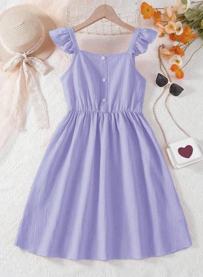 Girls Purple Ruffled Sleeve Buttoned Dress