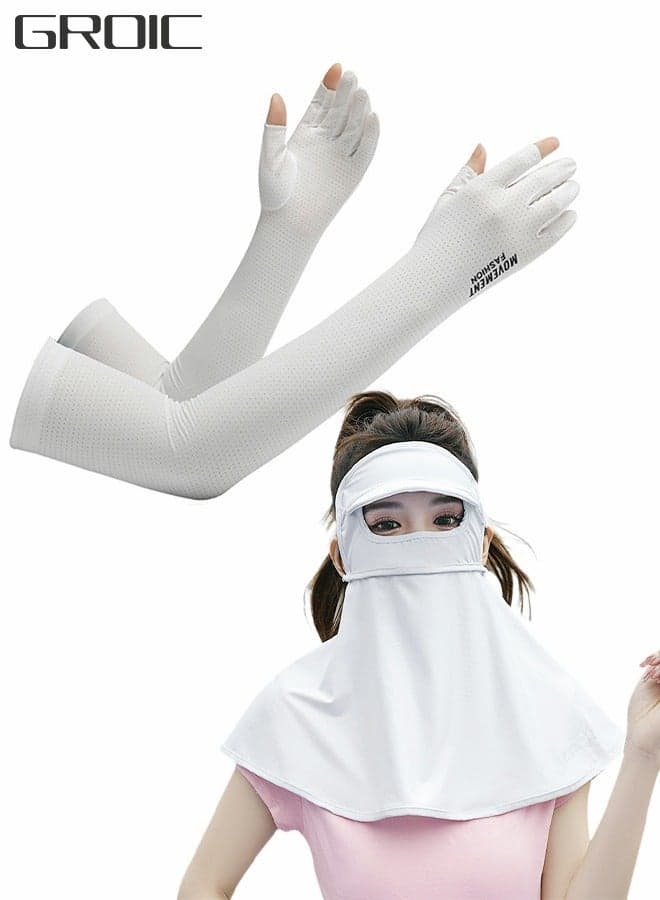 2 PCS UV Long Sun Gloves and Sunscreen Mask Face Shield Cover, Sports Driving Gloves Non Slip Full Face Finger Arm Sun Protective Ice Silk Sunscreen Shawl Mask All In One