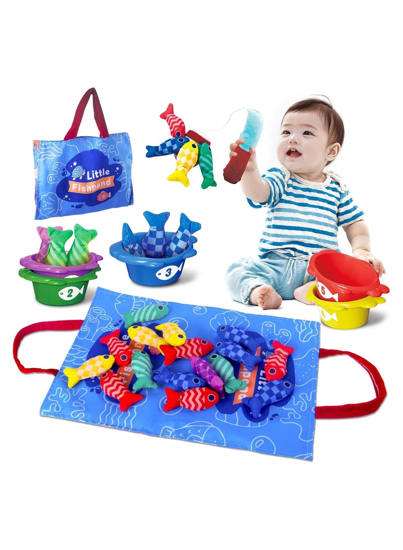 Fishing Game Baby Toy from 6 Months, Montessori Toy for Toddlers 2+, Educational Fishing Game for Motor Skills, Number Counting & Color Sorting Toys, Stacking Cups & Shape Learning Toys, Safe Washable Materials for Early Brain Development, Pre-school Educational Toy for Kids, Baby Gyms & Playmats with Storage Bags