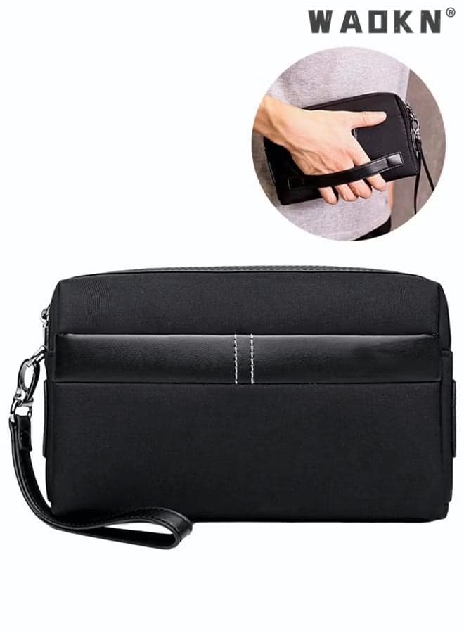 Male Big Capacity Long Wallet Phone Bag Casual Classic Clutch Bag Portable Large Capacity Lightweight Wallet Business Waterproof Oxford Canvas Zipper Card Holder with Wrist Strap for Men Travel Black