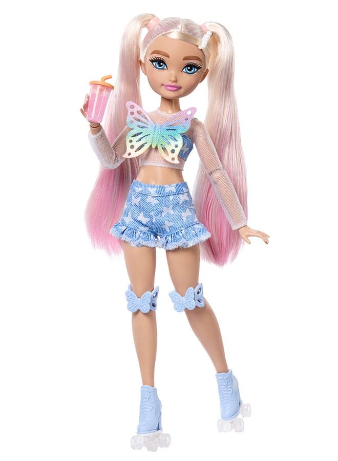 Dream Besties Doll and Accessories, Barbie “Malibu” Posable Roller Skating Fashion Doll with Blonde Hair, 9 Makeup Themed Pieces
