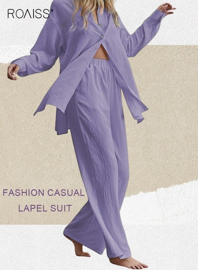 Ladies 2 Piece Set New Trend Fashion Classic Solid Color Women's Cotton Linen Shirt Suit Summer Spring Plus Size Clothes for Women Breathable and Cool Long-Sleeve Lapel Shirt Loose Pants Purple