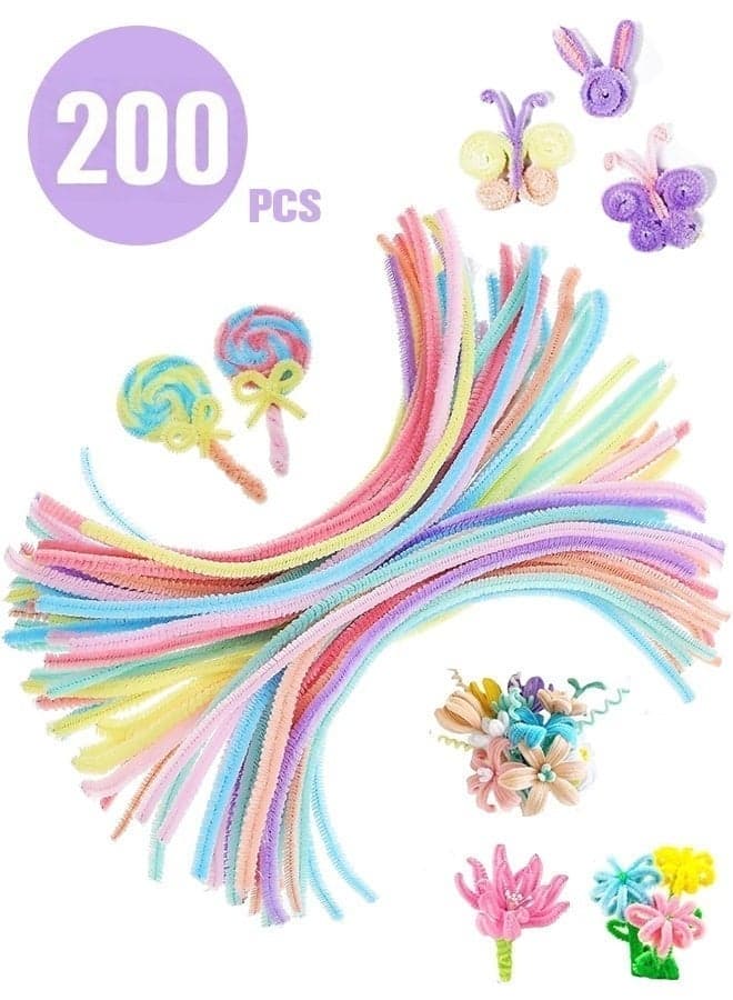 200-Pcs Macaron Color Fuzzy Stems | DIY Craft Chenille Wires for Kids & Adults | Soft Twisting Sticks, Pipe Cleaners for Flower, Butterfly, Animal Crafts & Home Decor