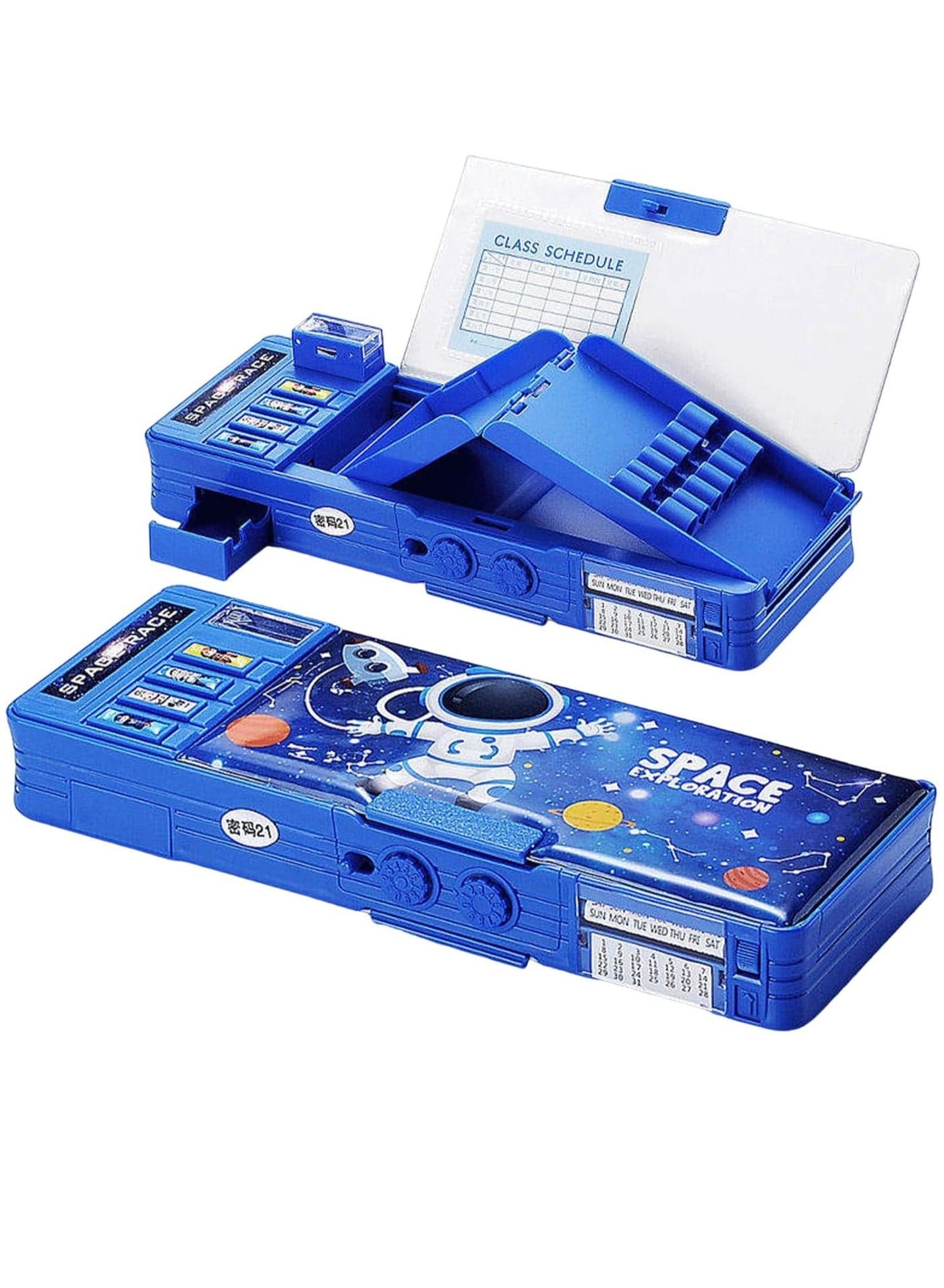 Pop up Multifunction Pencil Case for Kids Astronaut Spacesuit Pen Box Bag Pencil Holder for School Students Starry Sky Cute Pencil box for Boys with Sharpener Password Lock Schedule Whiteboard (Blue)
