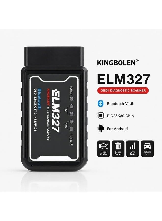 KINGBOLEN ELM327 OBD2 Bluetooth V1.5 Car Diagnostic Scanner PIC25K80 Chip for Android, OBDII Auto Code Reader, Check Engine Light Scanner