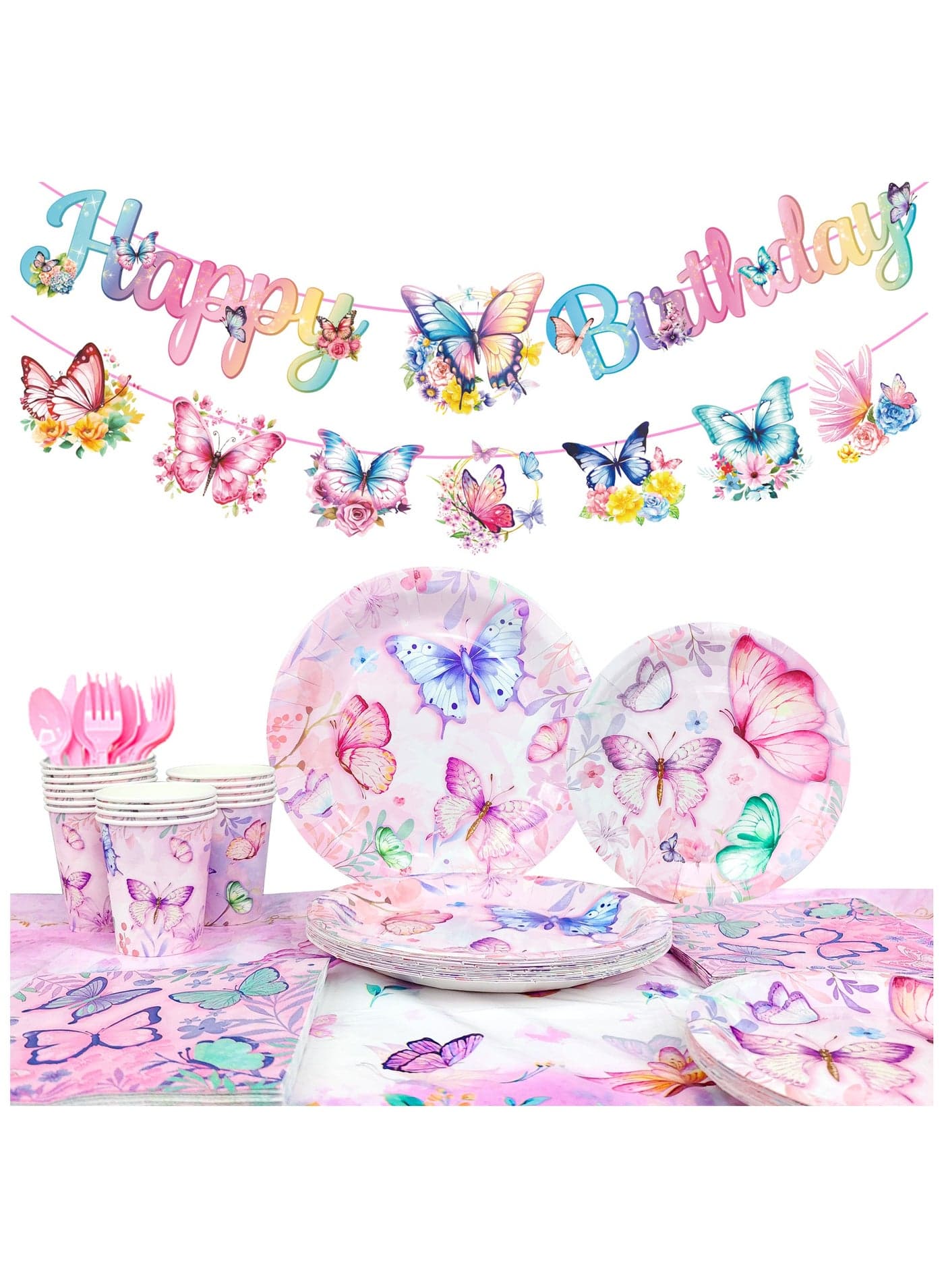 Butterfly Birthday Party Disposable Tableware Set for 16 Guests, Butterfly Plates Napkins Cups Tablecloth Decorations for Butterfly Birthday Party Decor Supplies