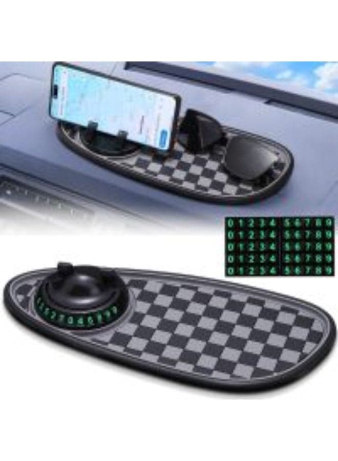 Car Dashboard Mat, 11.8" x 5.4" Anti-Slip Pad with Parking Number Sign and Rotatable Phone Holder, Large Storage Tray for Phone Card Key, Universal Multifunction Organizer for Car (Black)
