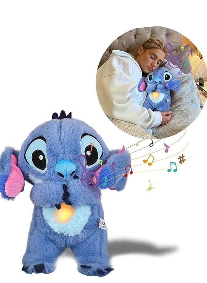 Stitch Plush Toy with Rhythmic Breathing and Music Lights, Breathing Cartoon Anxiety Relief Plushies, Stitch Stuffed Animal Plush Dolls, Stitch Baby Sound Machine for Sleep (Blue)