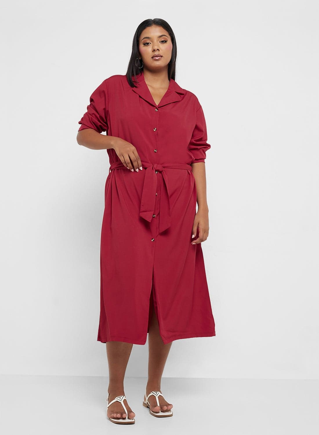 Button Down A Line Shirt Dress With Belt