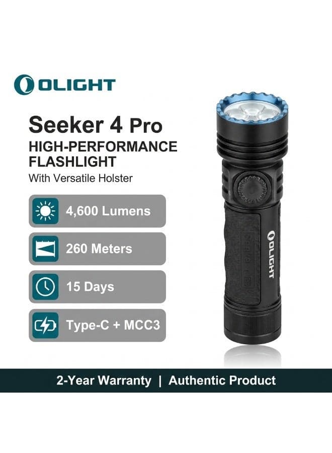 Olight Seeker 4 Pro Rechargeable LED Flashlight (Matte Black), 4600 Lumens High Power Flashlight, 260m Beam EDC Torch, for Camping, Hiking, Emergency