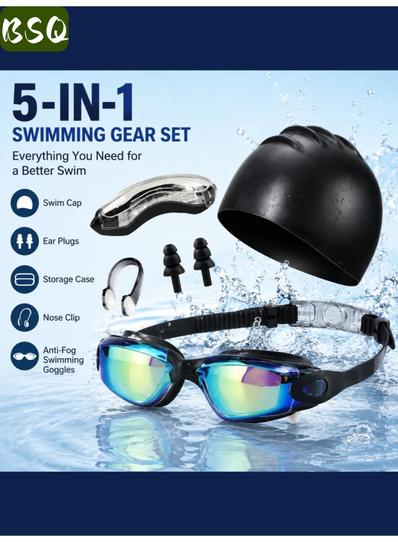 5-in-1 Anti-Fog Swim Goggle Set — Includes Swim Cap, Earplugs, Nose Clip, and Leak-Proof Goggles | Effective UV Protection | Crystal-Clear Vision | 180° Panoramic View | Unisex