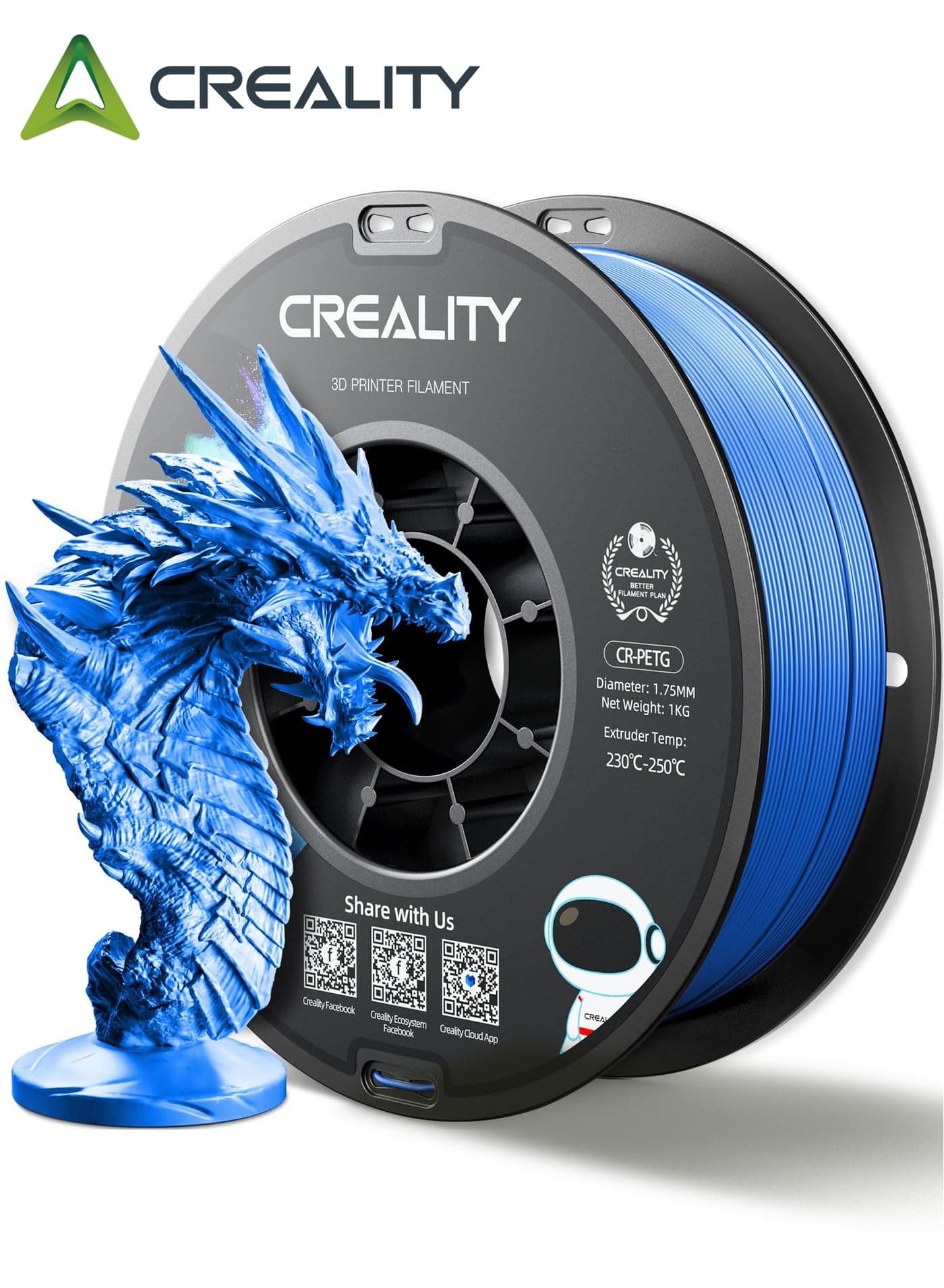 Official Creality CR-PETG 3D Printer Filament 1.75mm 1KG (2.2lbs), High Precision Strong Toughness, Odorless Better Flow Moistureproof 3D Printing Ender Filament, Blue CR-PETG-1kg Black