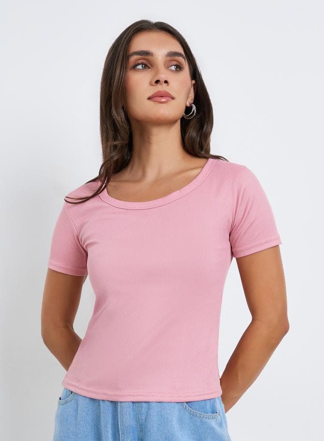 Women Pink Ribbed Knit Short Sleeve Top