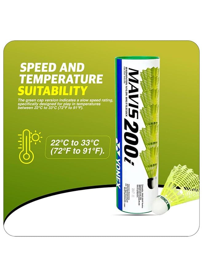 Yonex Mavis 200I Nylon Shuttlecock Pack Of 6 – Yellow Synthetic Badminton Shuttlecocks With Stable Flight And Durable Skirt For Training And Club Play