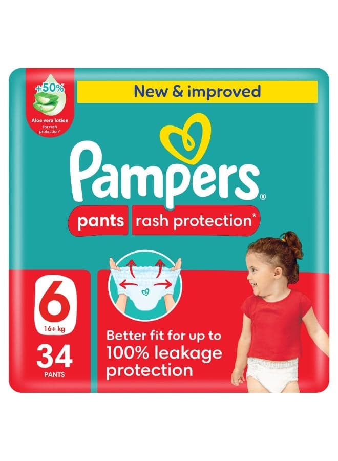 Rash Protection Size 6 Pants Diapers 16-21 Kg Mega Pack 34 Count