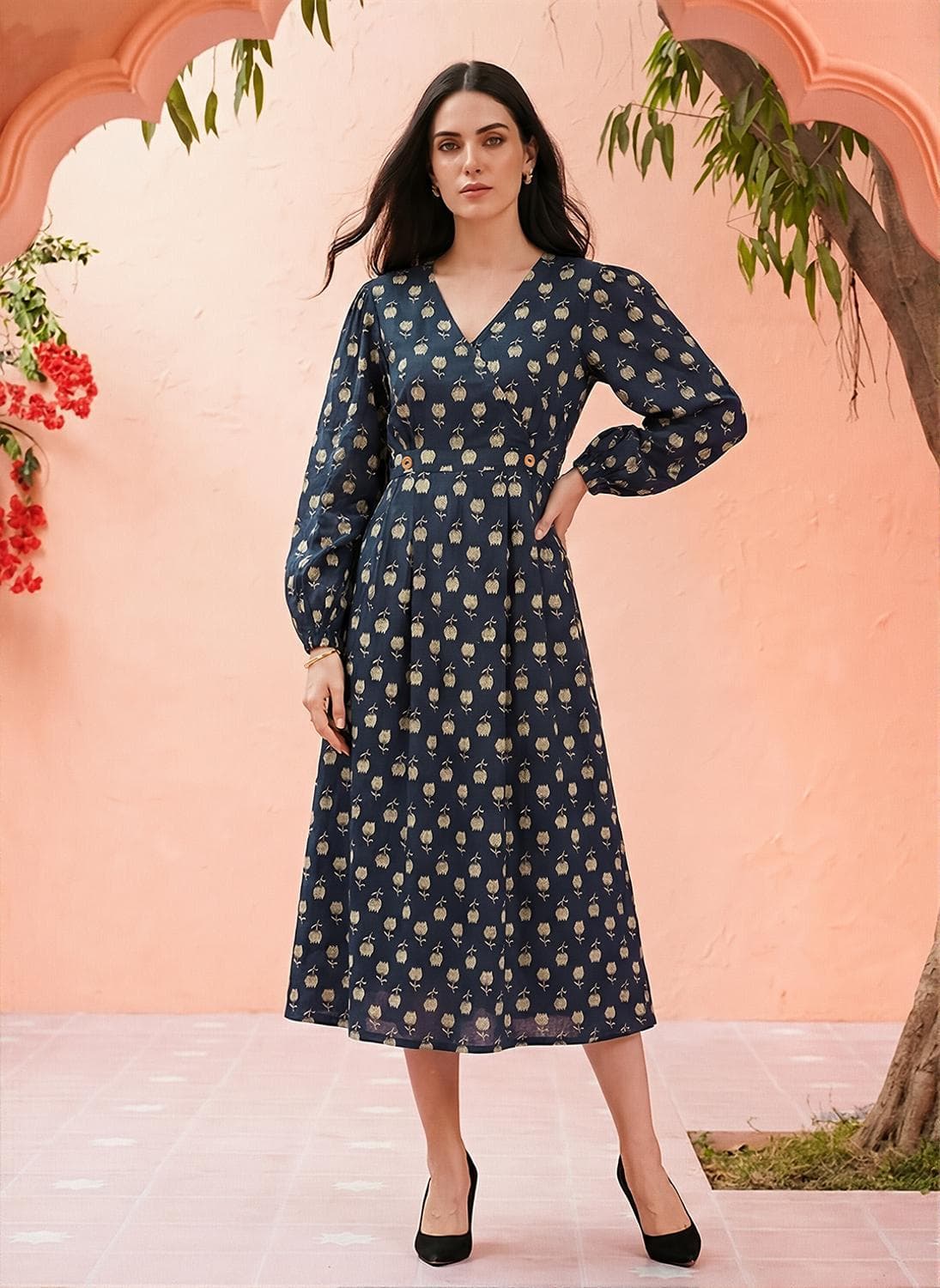 Globus Women Blue Floral Midi Dress with Wrap V Neck and Bishop Sleeves