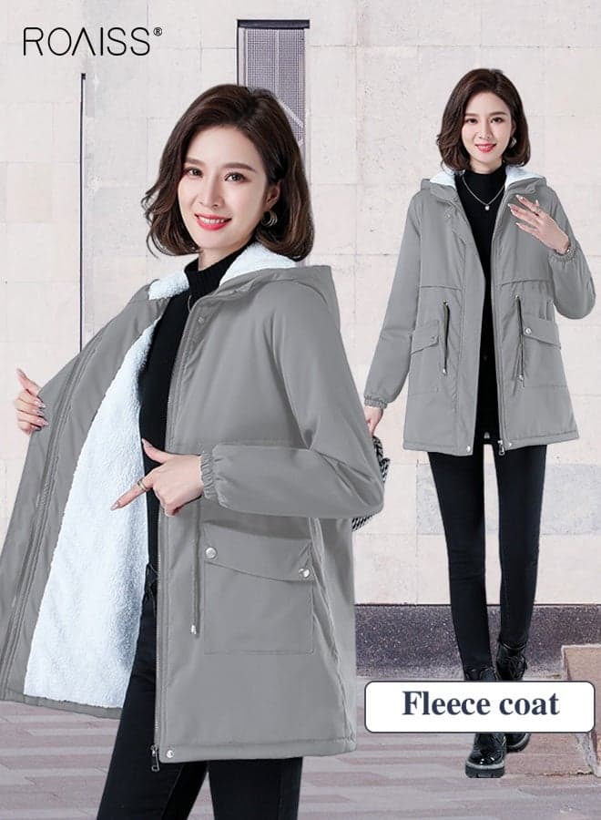 Women Jackets Hooded Windbreaker Female Fleece Warm Thick Cotton Padded Women Mid-Length Plus Fleece Hooded Cotton Jacket Women Zip-In Hooded Coat.