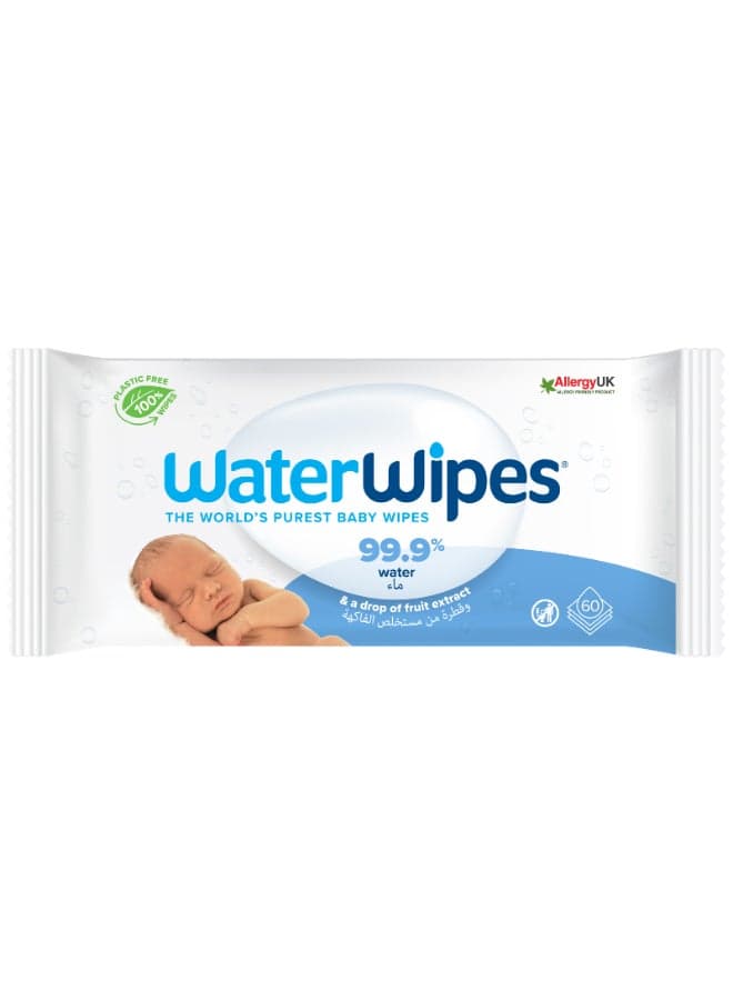 Original Plastic Free Baby Wipes, 60 Wet Wipes, 99.9% Water Based And Unscented For Sensitive Skin