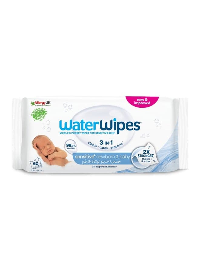 WaterWipes Sensitive+ Newborn & Baby Wipes, 60 Count (1 Pack), 3-In-1 Cleans, Cares, Protects, 99.9% Water, Unscented