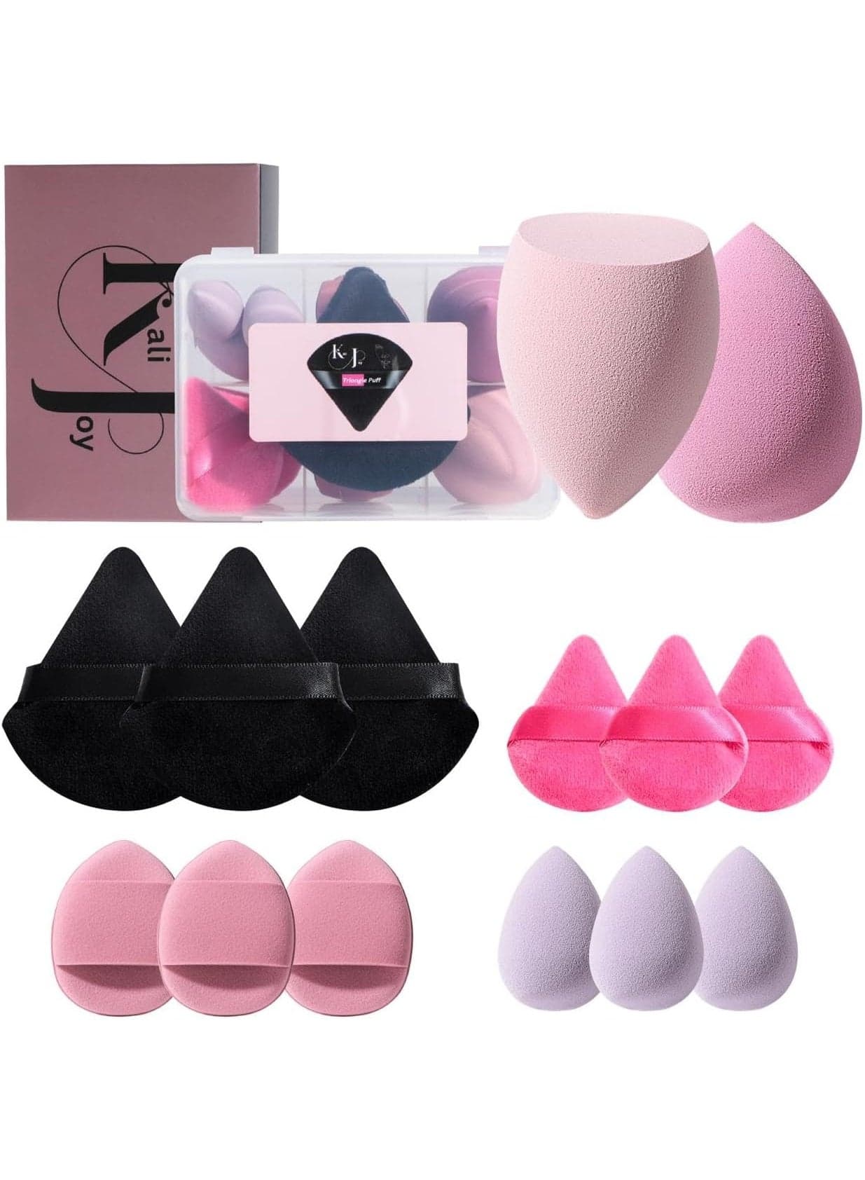 Kali Joy Beauty Makeup Sponge 14-Pcs Set, Sponges for Foundation powder, Latex Free Blender, and Cream, Wet And Dry Use, With Storage Case (A-Pink, A-Black)