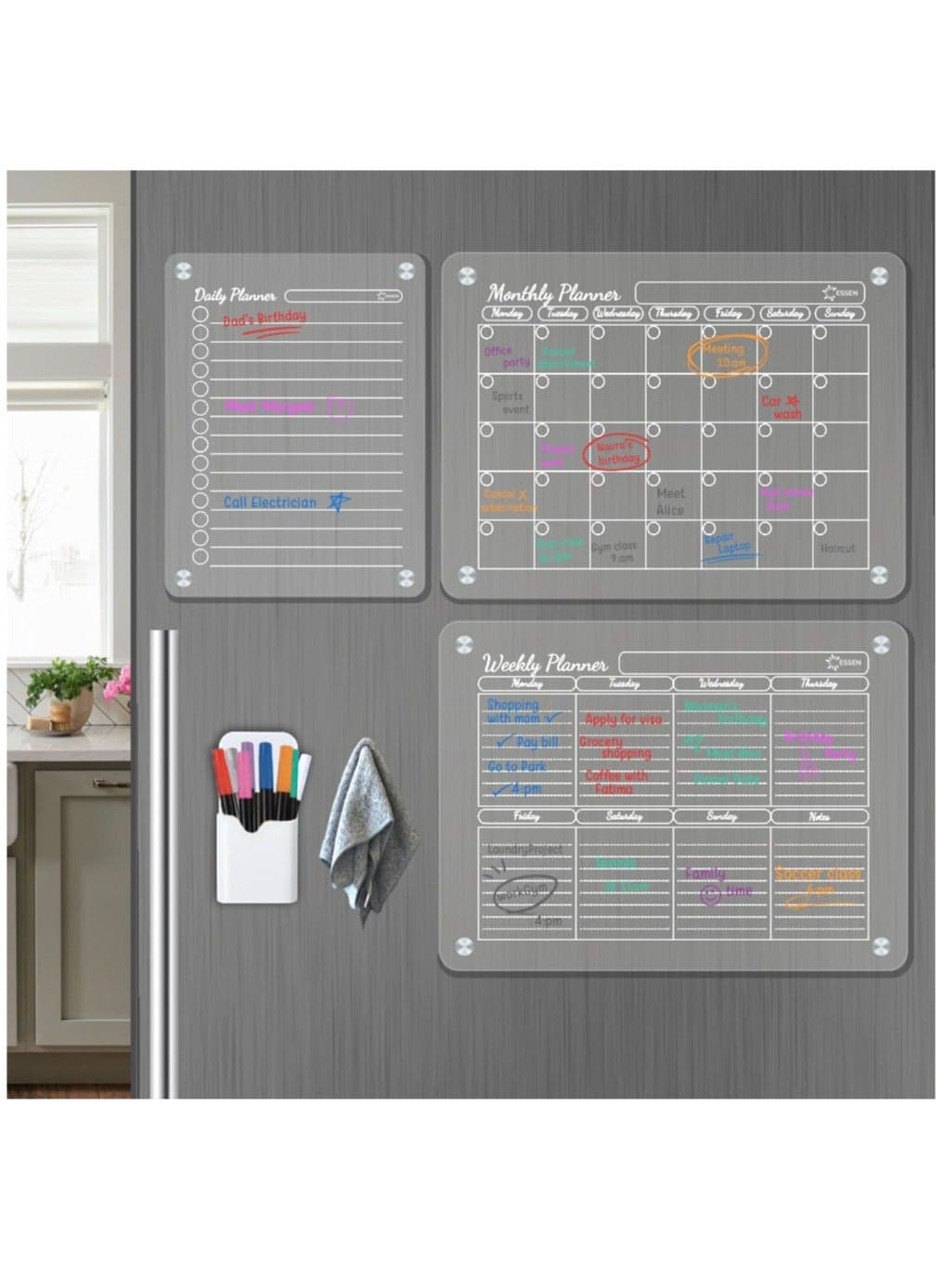 3 Acrylic Magnetic Planners Monthly Weekly Daily Family Planner Set of 3 Magnetic Calendars for Fridge 8 Markers, 1 Towel Eraser, Clear Planner Board for Home Office