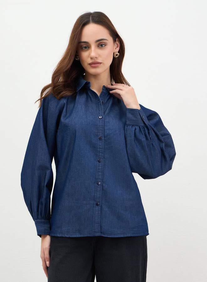 Dark Blue Balloon Sleeves Denim Blouse