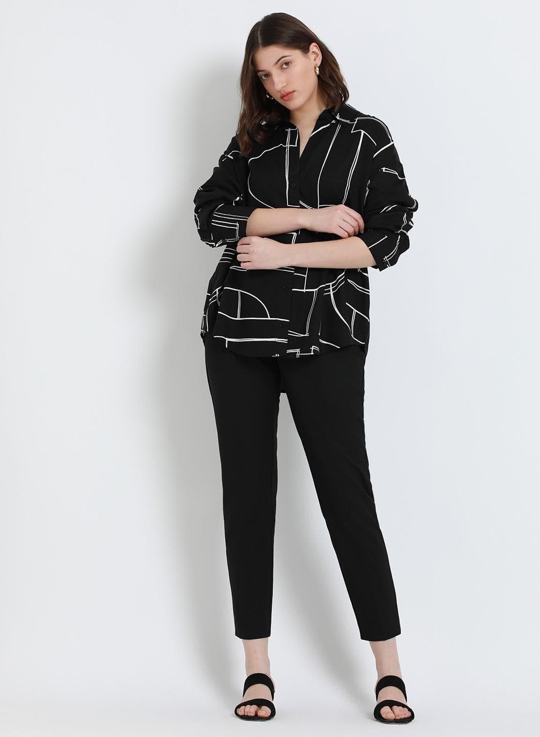 Black Relaxed Fit Printed Shirt for Women - Rayon, Full Sleeves, Shirt Collar, Casual,