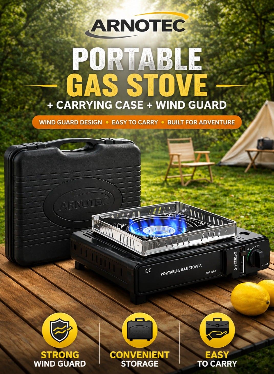 Portable Camping Gas Stove 2900W with Wind Guard & Carrying Case – Adjustable Flame Outdoor Cooker for Camping, Hiking, BBQ & Emergency Use