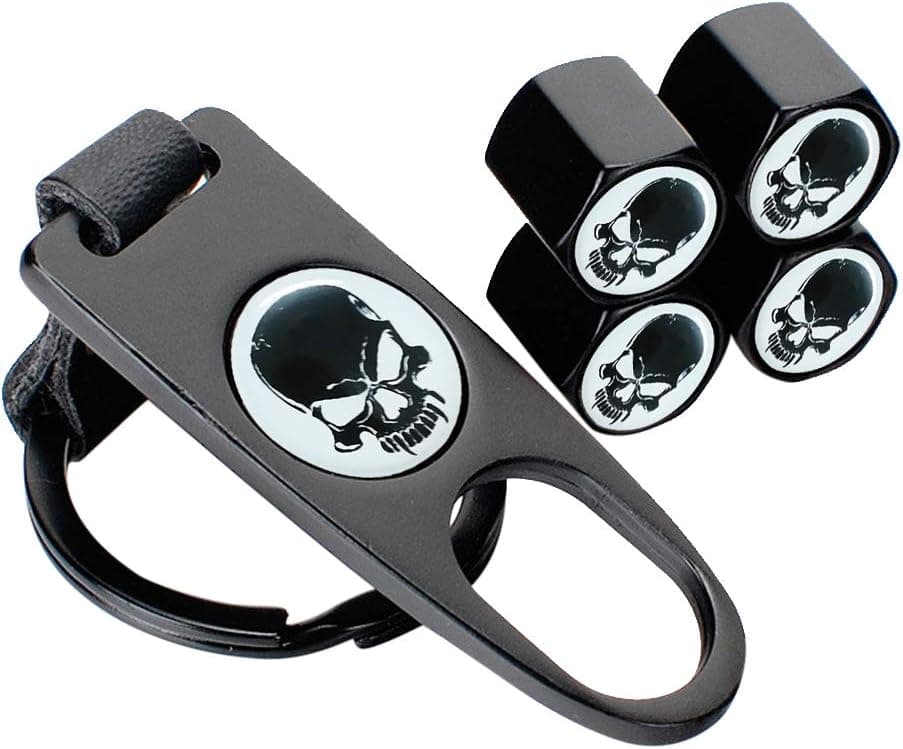 Benust Skull Tire Valve Dust Caps (4PCS) with Wrench Keychain (1PCS) - Universal Fit for Cars, SUVs, Trucks, Motorbikes, and Bicycles