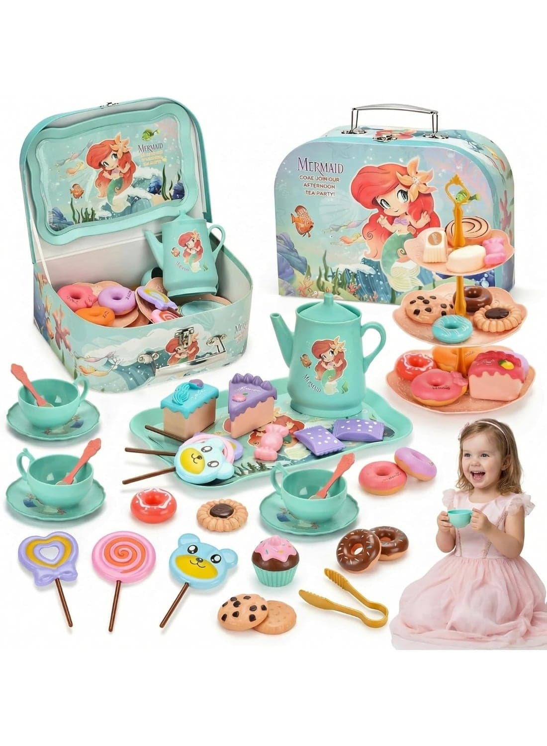 44 PCS Mermaid Tea Party Set for Little Girls – Kids Pretend Play Tin Tea Set with Carry Case, Teapot, Cups, Desserts – Princess Birthday Gift for Girls Ages 3 4 5 6 7 8