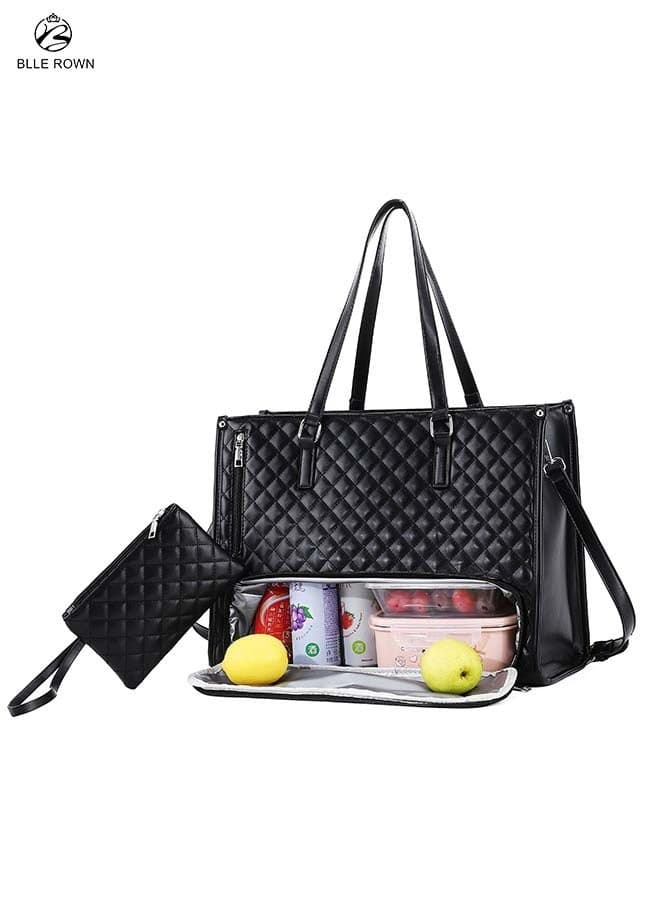Multifunctional Ladies Bag Elegant Black Quilted Women Handbag with Insulated Compartment Large Capacity Shoulder Crossbody Tote Bag for Moms/Office/Outdoor