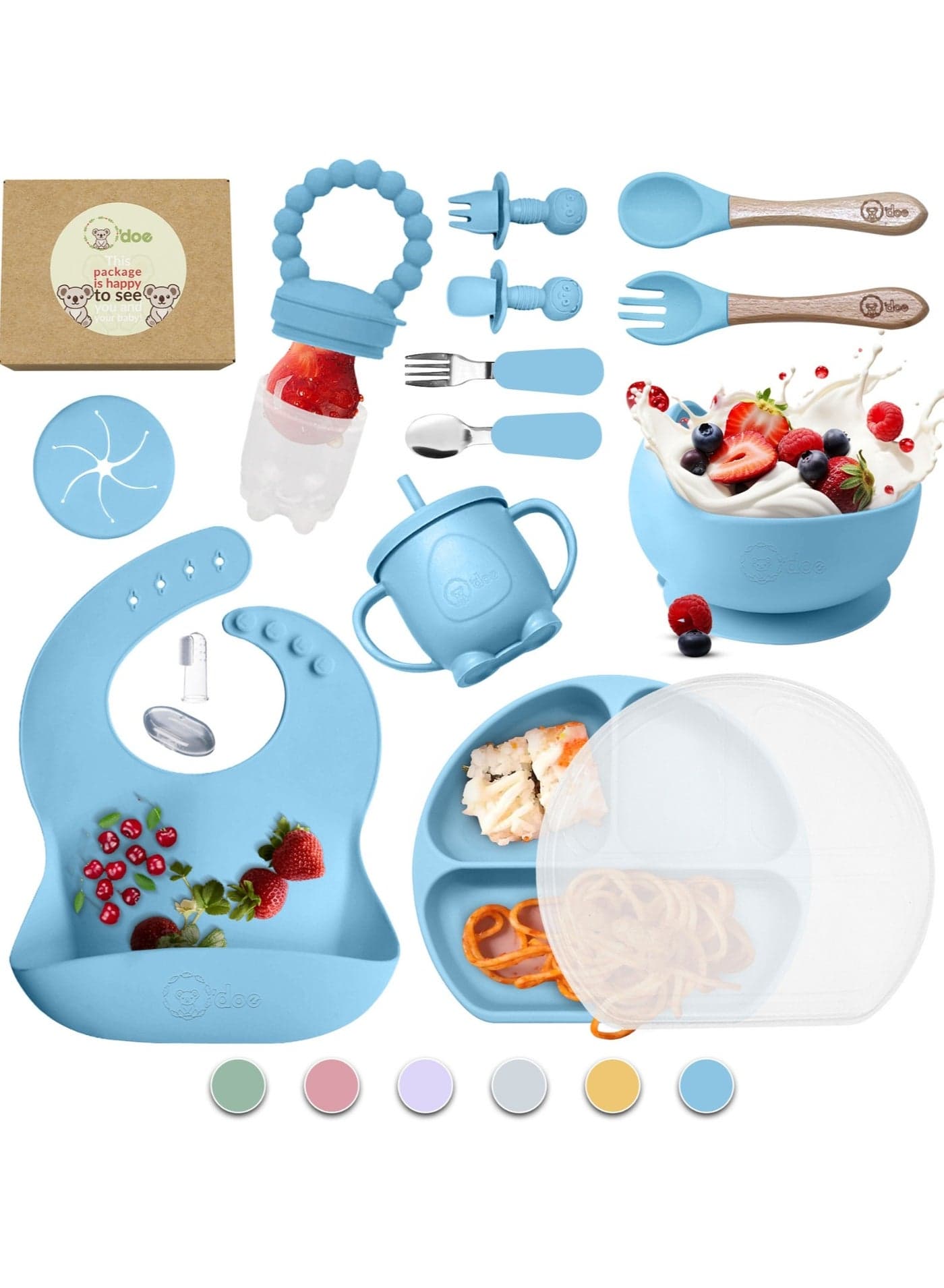 Baby Led Weaning Feeding Supplies for Toddlers, O'doe Baby Feeding Set | Suction Silicone Baby Bowl-Self Eating Utensils Set with Spoons, Bibs, Toddlers Spoon Set | Infant Food Plate Kit | Set of 17