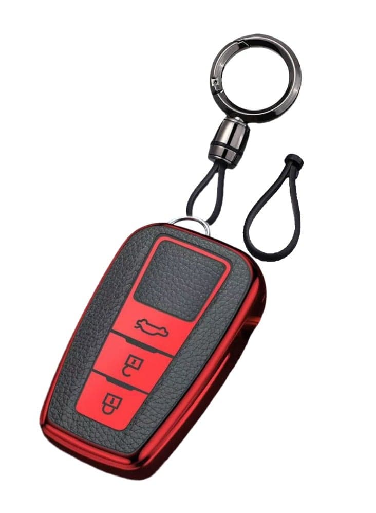 OUYoo for Toyota Key Fob Cover with Toyota Keychain, Car Key Fob Case Compatible with Toyota 2018-2023 Camry RAV4 Highlander Avalon C-HR Prius Corolla GT86,With keychain (Red)