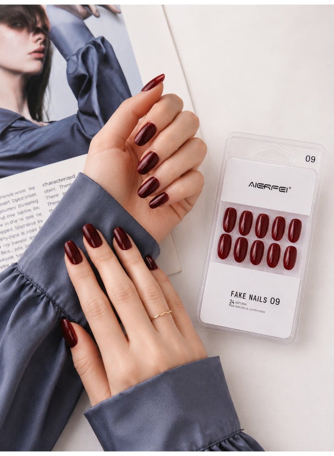 Premium Burgundy Glossy Press On Nails – 24 Pcs Reusable Fake Nails Set for Women, Short Oval Full Cover Artificial Nails with Comfortable Fit for Daily Wear & Parties