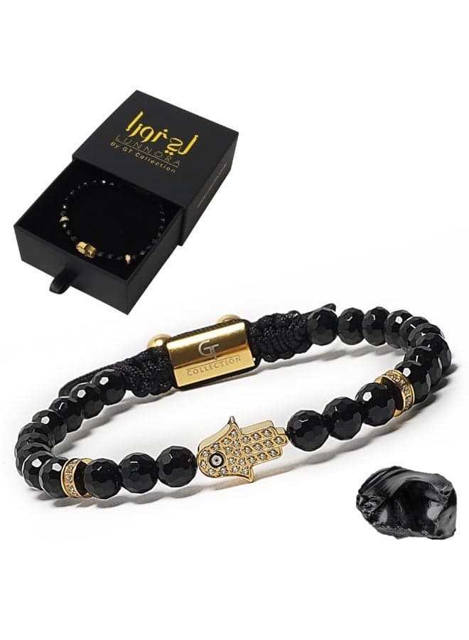 Black Onyx Beads Handmade Natural Stone Bead Bracelet – Bracelet for Men, Men’s Bracelet, Gifts for Men, Bracelets for Men – With Golden Hamsa Hand, Adjustable One Size Fits All