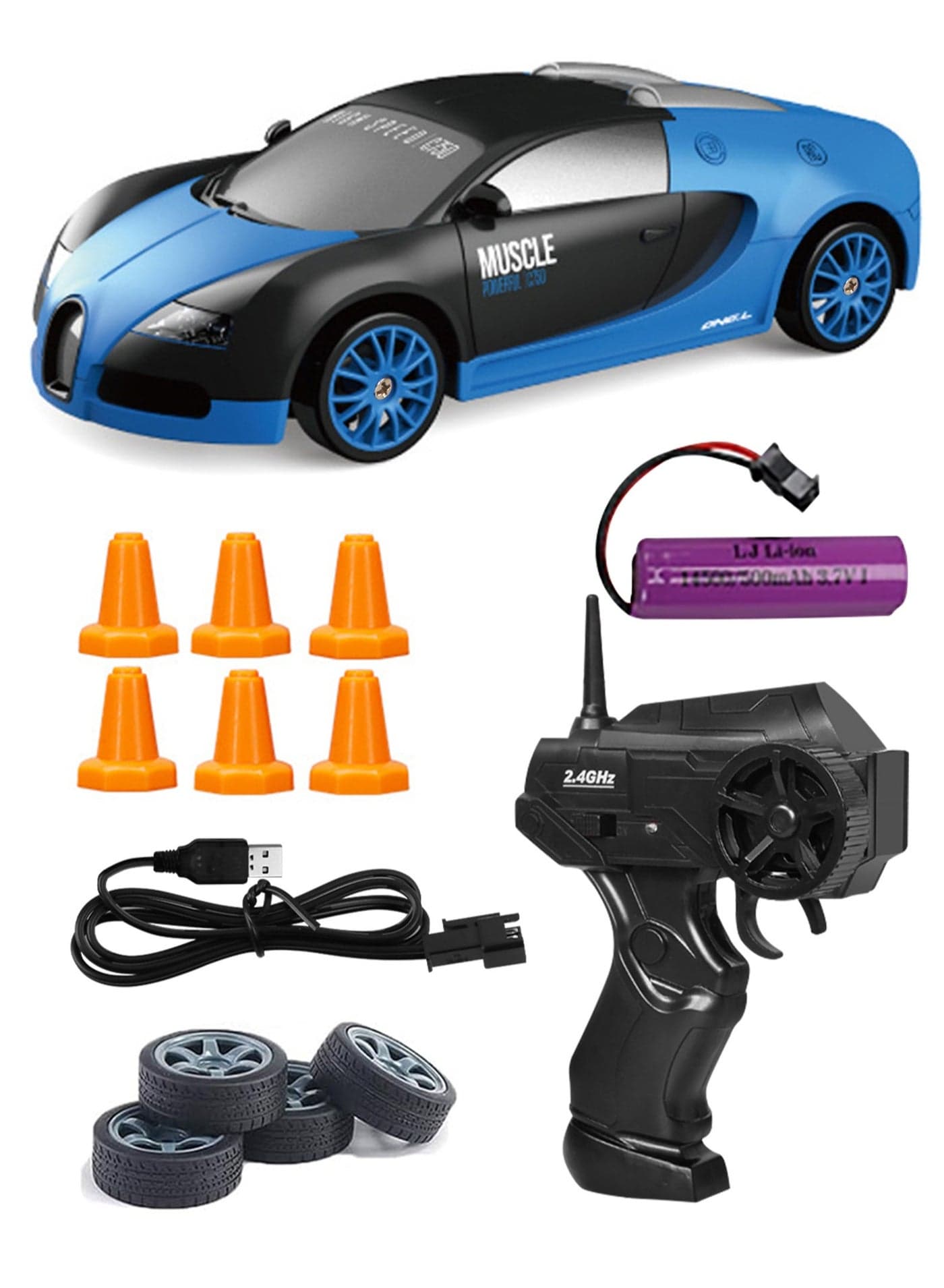 Remote Control Car RC Drift Car 1/24 Scale 4WD RC Car With LED Lights 2.4ghz 18km/H Rechargeable High Speed Drift Racing Sport Toy Car For Adults Boys Girls Kids Gift 2pcs Batteries and Extra Tires