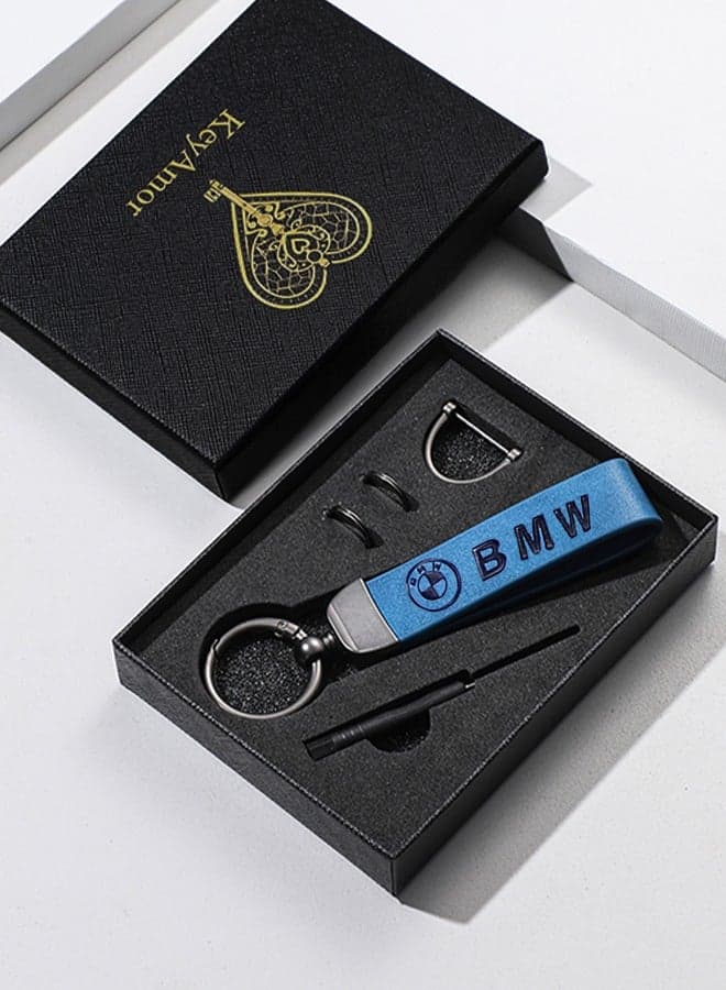 Elegant blue metal and leather keychain with BMW logo featuring 3 key rings perfect as a fancy gift or car accessory designed in sleek blue for a modern look offers 360 degree rotation for convenience suitable for both men and women and comes in a gift box