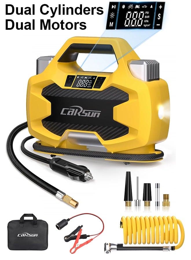 Heavy Duty Tire Inflator Pump,Dual Cylinders & Dual Motors Tire Pump,150PSI Air Pump Auto Shutoff with Screen,DC 12V Car Socket& 12 V Battery clamps Portable Air Compressor for Pickup,ORVs,SUVs,Cars